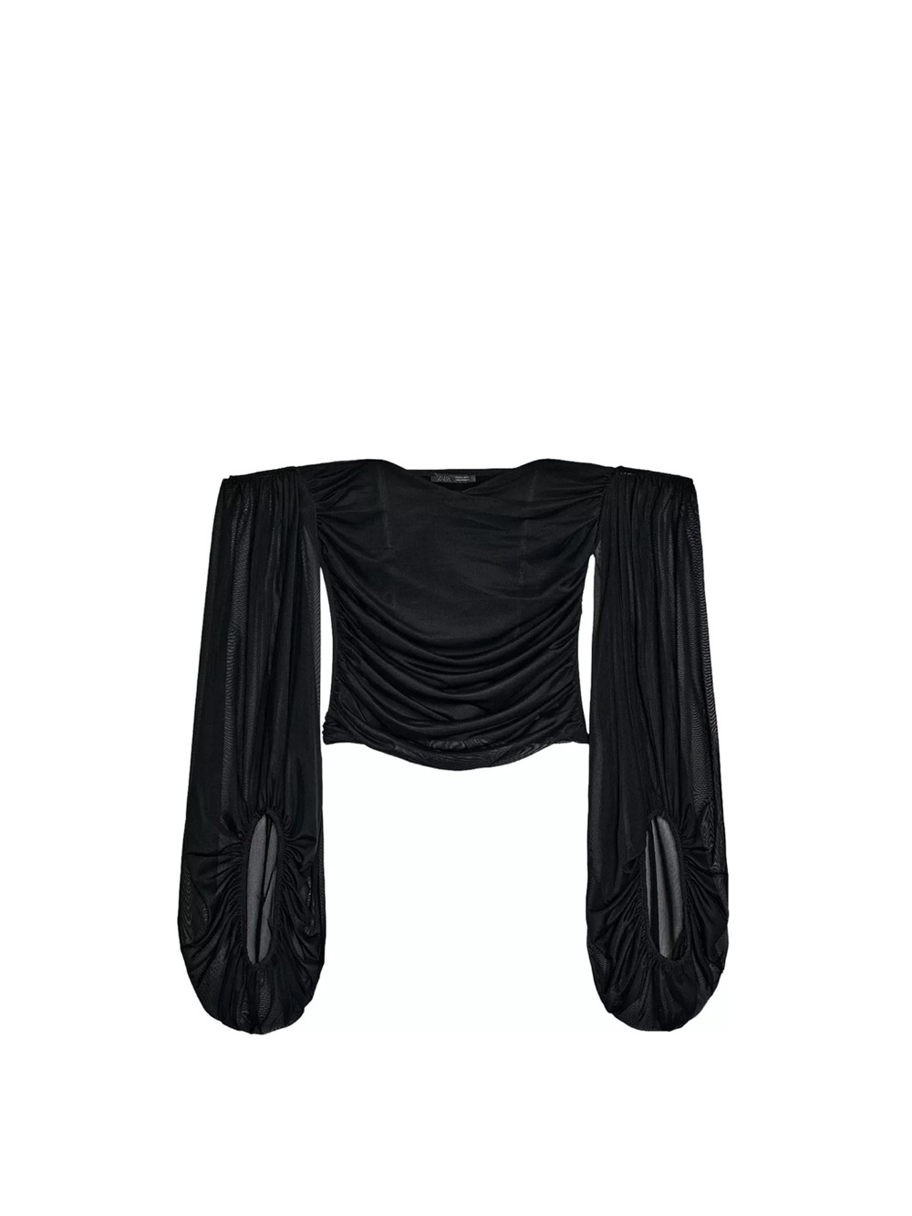 Zara Black Ruched Crop Top with Sculpted Balloon Sleeves